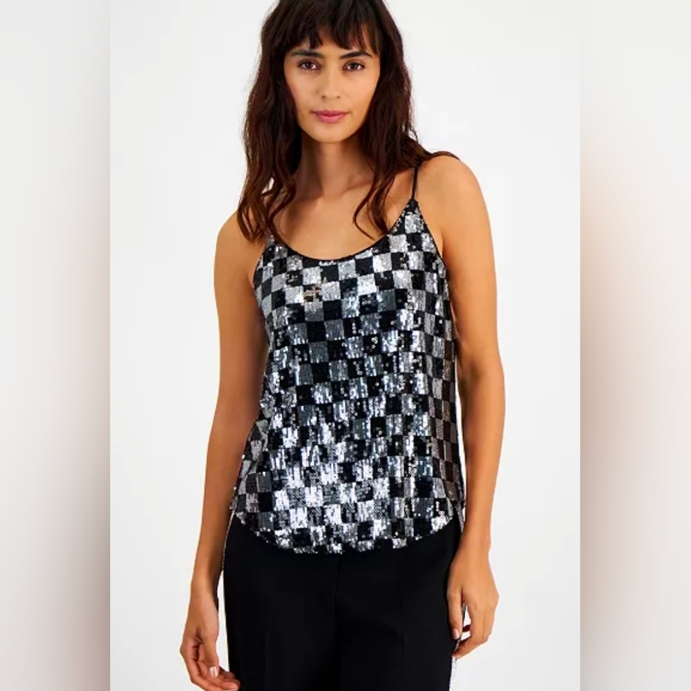 Bar III Black and Silver Checkered Sequin Women's Tank top XXL